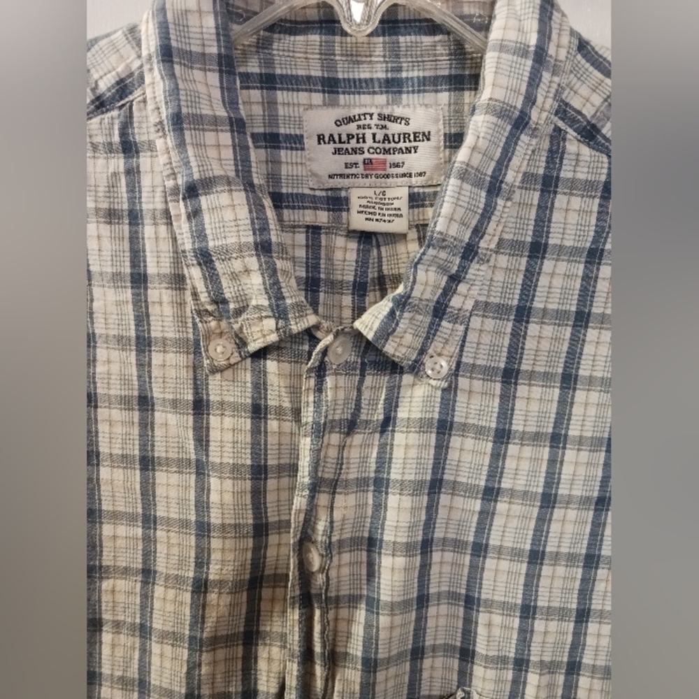 Ralph Lauren Mens L 100% Cotton Lightweight Botton Down Plaid Preppy Side Slits